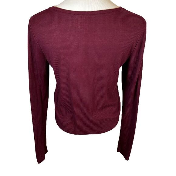 Divided Burgundy Long Sleeve Longer Crop Top Crew Neck Basic Dark Fall Winter - Picture 2 of 4